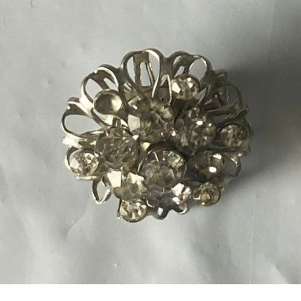 Vintage Silver Tone Rhinestone‎ Flower Brooch Pin Clear Crystal Floral Jewelry